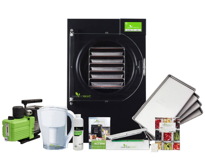 Harvest Right Medium Home Pro Freeze Dryer with Premier pump, stainless steel trays, pitcher, oil, sealer, and food storage kit.