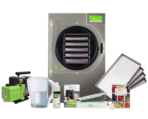 Harvest Right Medium Home Pro Freeze Dryer with Premier pump, stainless steel trays, pitcher, oil, sealer, and food storage kit.