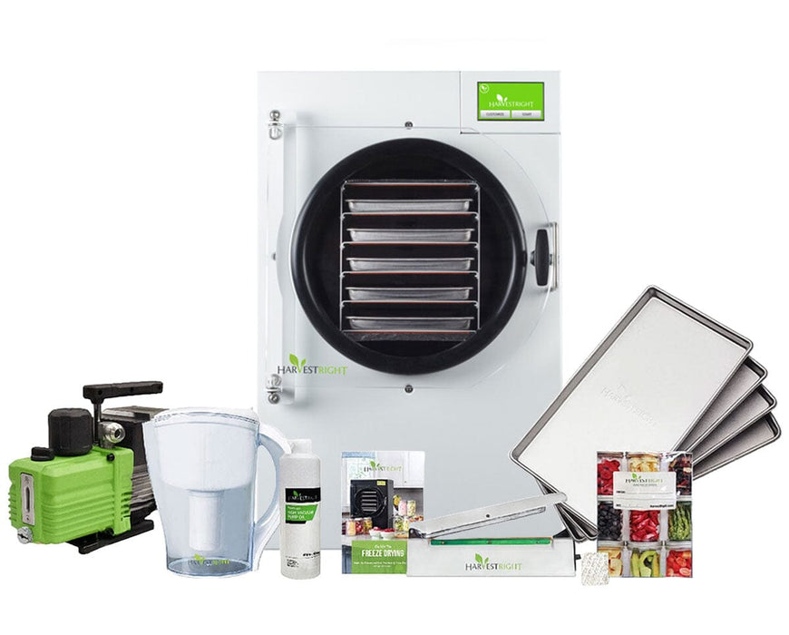 Harvest Right Medium Home Pro Freeze Dryer with Premier pump, stainless steel trays, pitcher, oil, sealer, and food storage kit.