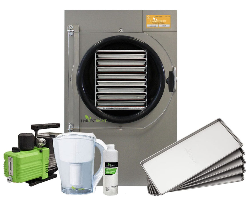 Harvest Right Pharmaceutical Pro Large Freeze Dryer with trays, vacuum pump, oil, and filtration system.