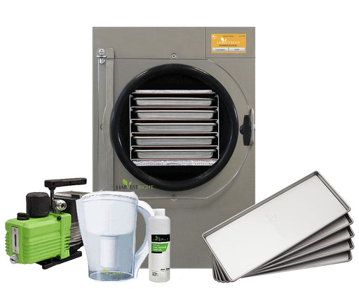 Harvest Right Pharmaceutical Pro Small Freeze Dryer with trays, vacuum pump, oil, and filtration system.