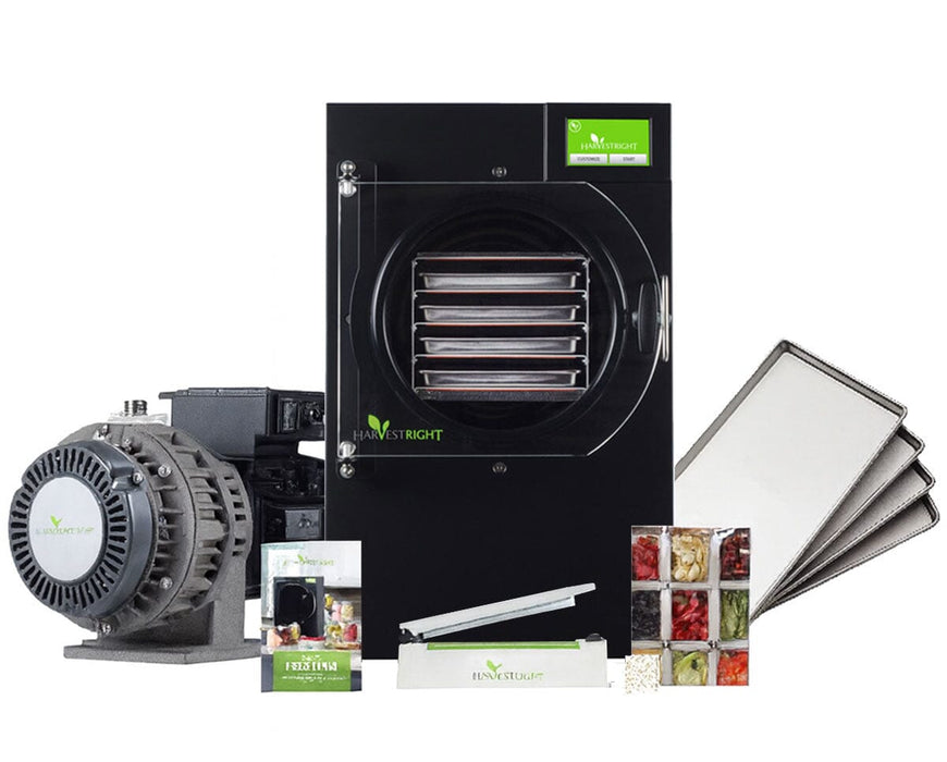 Harvest Right Small Home Pro Freeze Dryer in black with oil-free pump, stainless steel trays, sealer, and food storage kit.