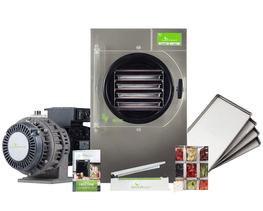 Harvest Right Small Home Pro Freeze Dryer in stainless steel with oil-free pump, stainless steel trays, sealer, and food storage kit.