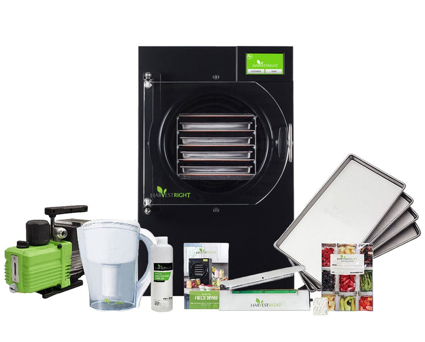 Harvest Right Small Home Pro Freeze Dryer with Premier pump, stainless steel trays, pitcher, oil, sealer, and food storage kit.