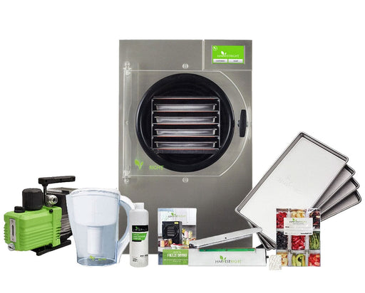 Harvest Right Small Home Pro Freeze Dryer with Premier pump, stainless steel trays, pitcher, oil, sealer, and food storage kit.