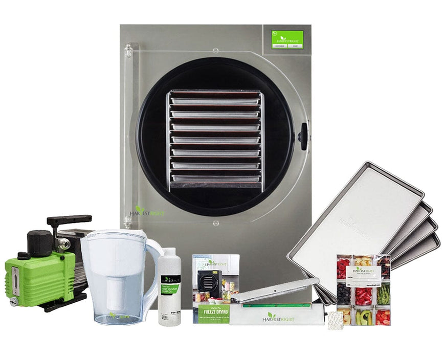 Harvest Right X-Large Home Pro Freeze Dryer with Premier pump, stainless steel trays, pitcher, oil, sealer, and food storage kit.
