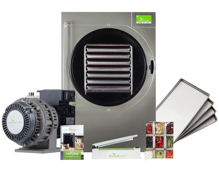 Harvest Right X-Large Home Pro Freeze Dryer with oil-free pump, stainless steel trays, and food storage accessories.