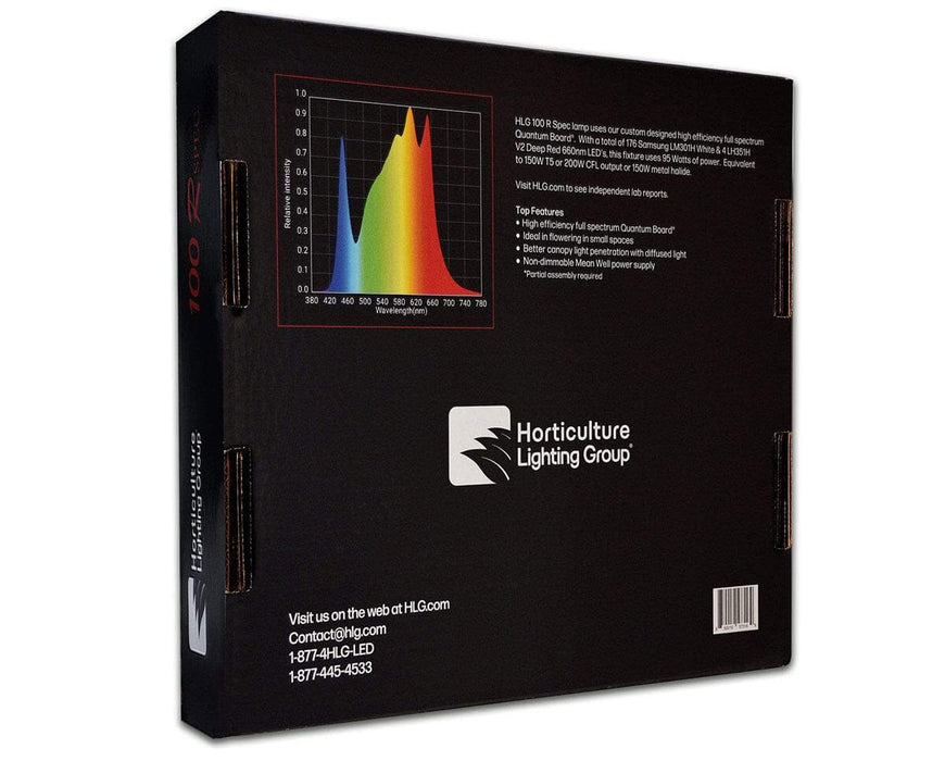 HLG 100 Rspec LED grow light retail packaging rear view displaying product information and key specifications.