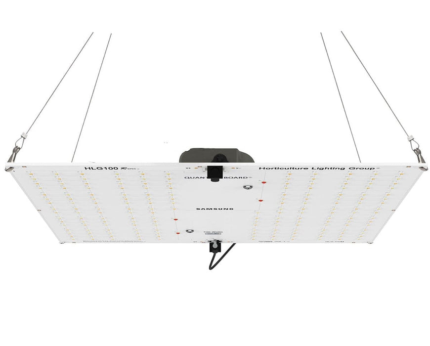 Hanging kit included with HLG 100 Rspec grow light showing rope ratchets, carabiners, and mounting hardware.