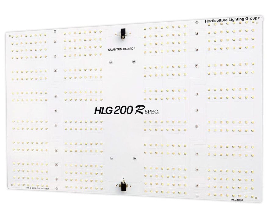 Close-up of HLG 200 Rspec's LED panel, featuring full-spectrum array with enhanced red wavelengths to boost cannabis flowering.