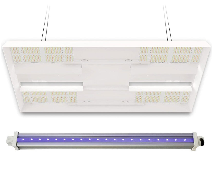 HLG 750 Diablo ES LED grow light with UVA-30 bar add-on installed, designed for enhanced UV supplementation in commercial grow setups.