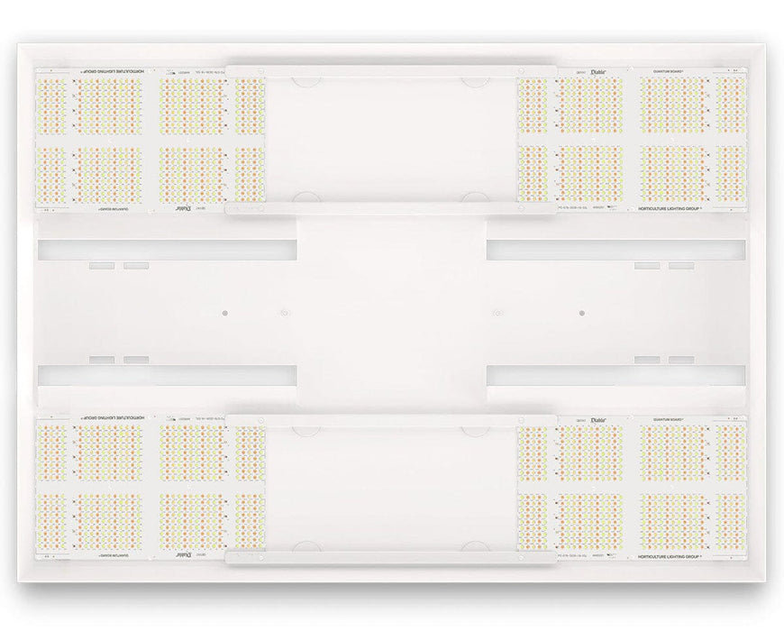 Angled view of the HLG 750 Diablo ES LED grow light, highlighting its passive-cooled aluminum heatsink and SE spectrum board layout.