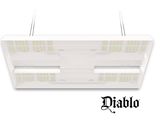 HLG 750 Diablo ES hanging from adjustable ratchet ropes, ideal for grow tents and rolling benches with 5x5 flowering coverage.