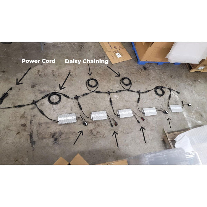 Daisy-chaining setup of HLG Genesis X 720 HV LED grow lights with labeled power cords and connectors laid out on a warehouse floor.