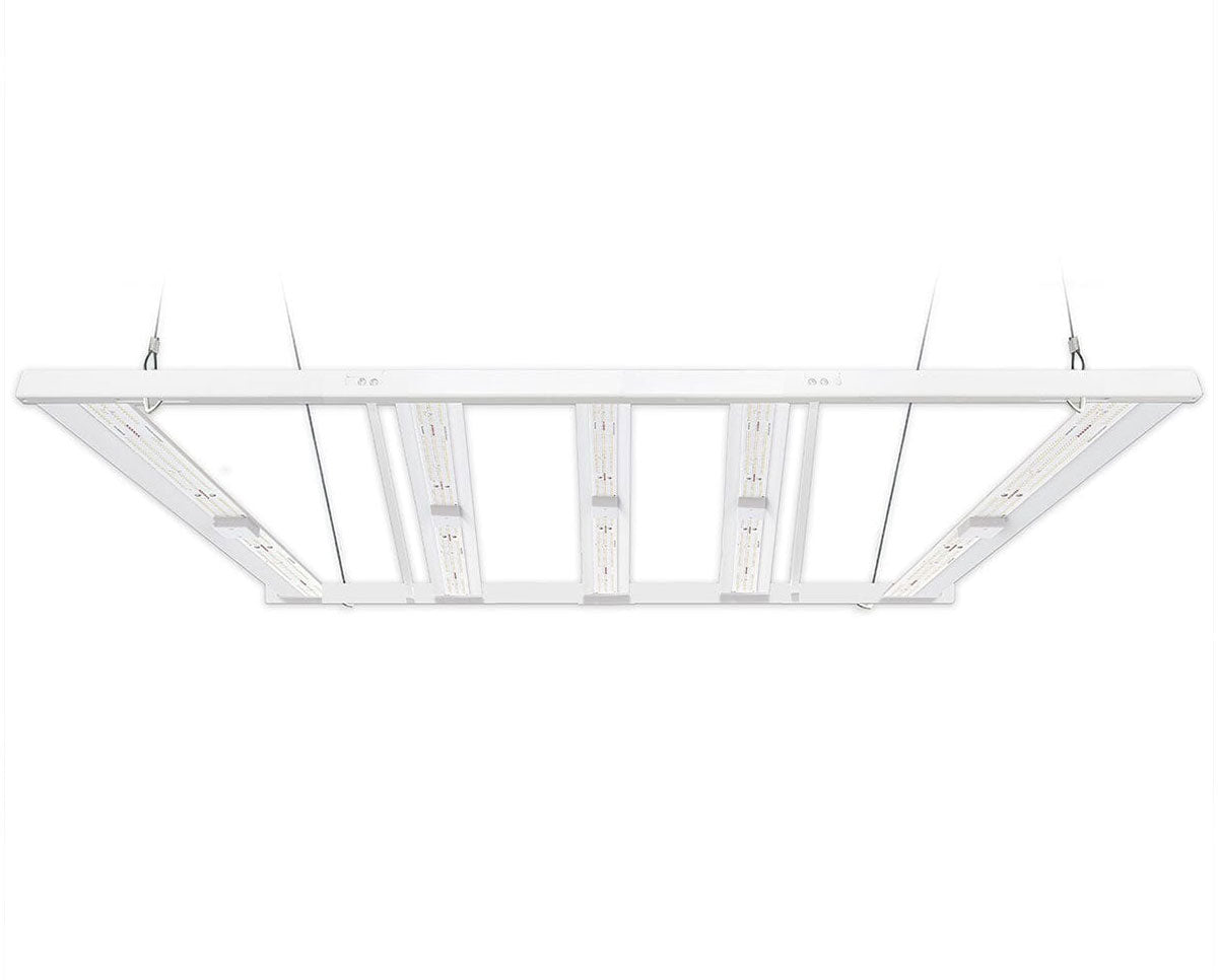 Suspended front view of HLG Genesis X HV LED grow light. Also known as Tomahawk 2.0