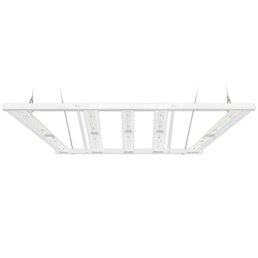 Suspended front view of HLG Genesis X HV LED grow light showing eight-bar full-spectrum LED layout for commercial horticulture.