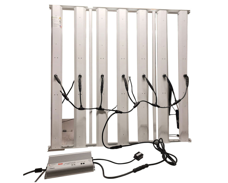 Back view of HLG Genesis X HV LED grow light showing driver connections and daisy-chained wiring between light bars.