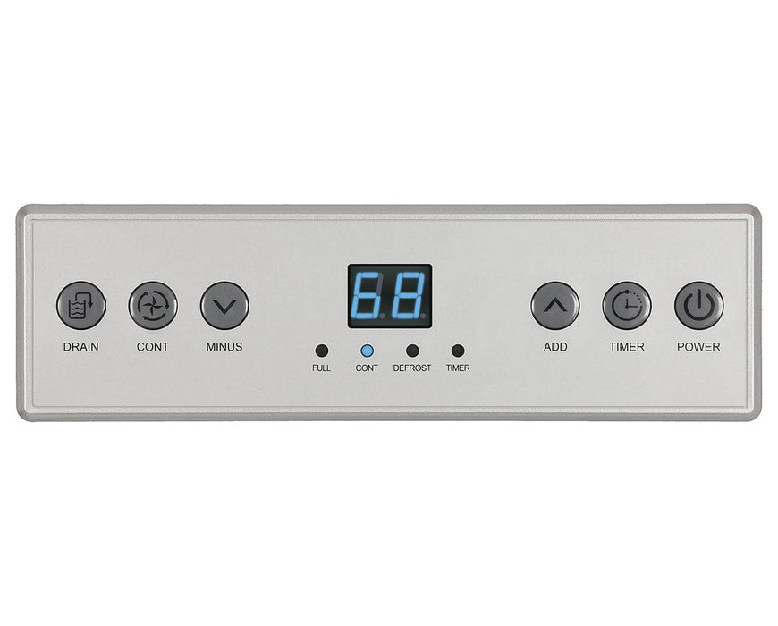 Control panel of the dehumidifier featuring a digital display reading “68” and buttons labeled drain, cont, minus, add, timer, and power, with small indicator lights for modes like defrost and timer.