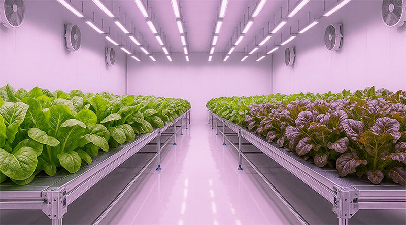 Modern indoor farming facility with rows of green and purple leafy plants. Equipped with ventilation fans, grow lights, and grow racks.