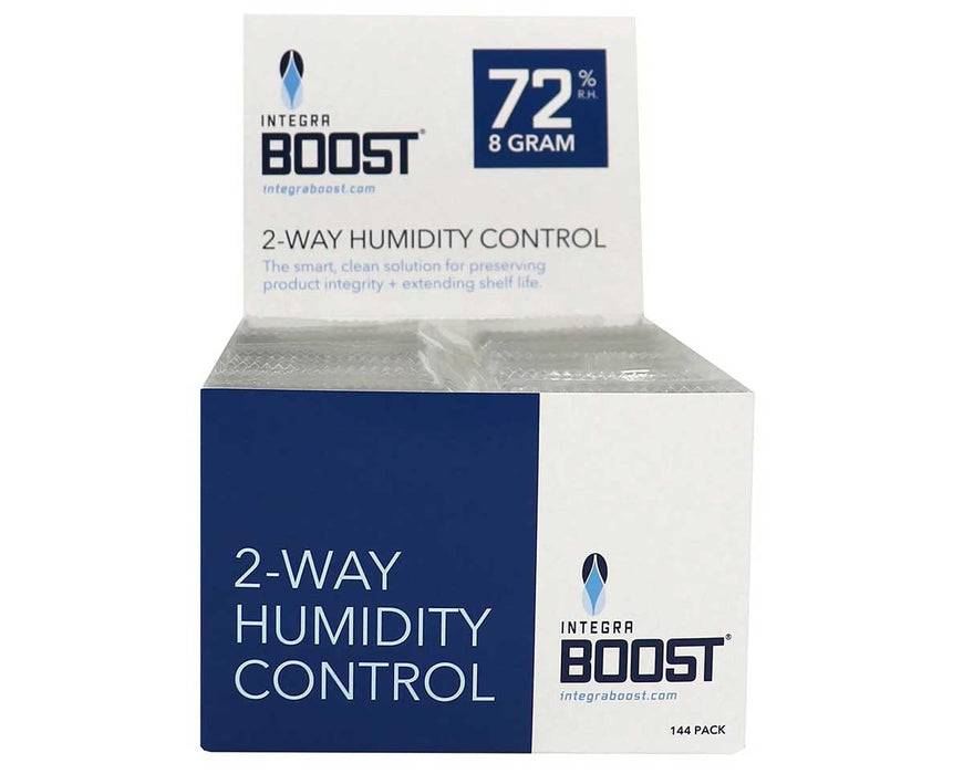 Integra BOOST 72% RH 8g 2-way humidity control pack retail box display with 144 individually wrapped units.