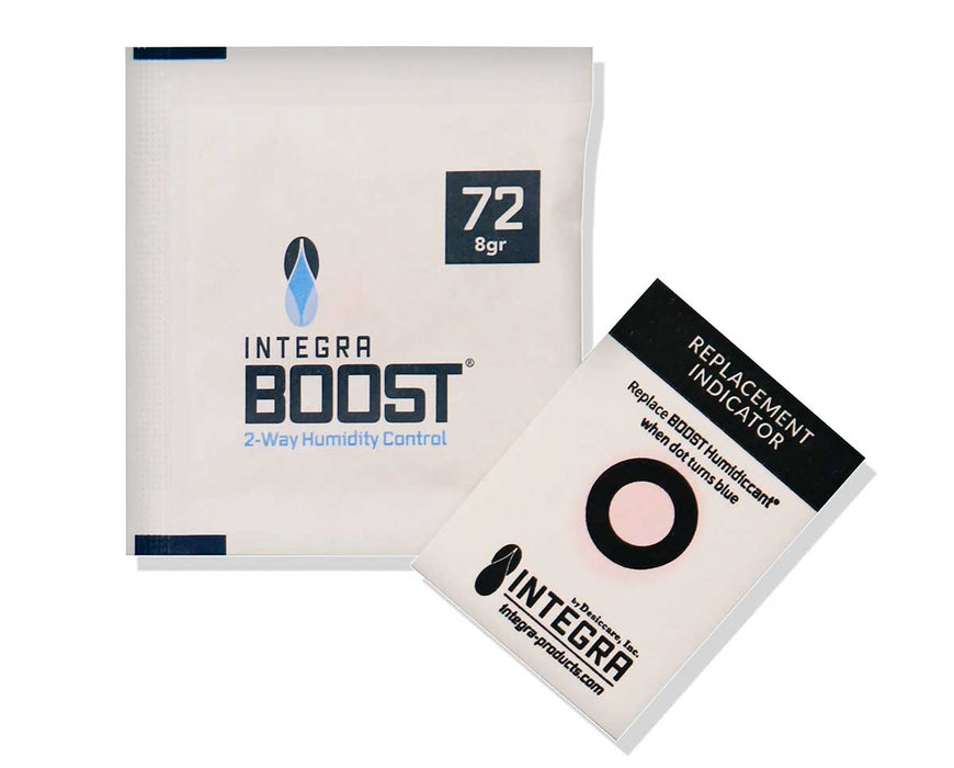 Integra BOOST 72% RH 8g 2-way humidity control pack retail box display with 144 individually wrapped units.
