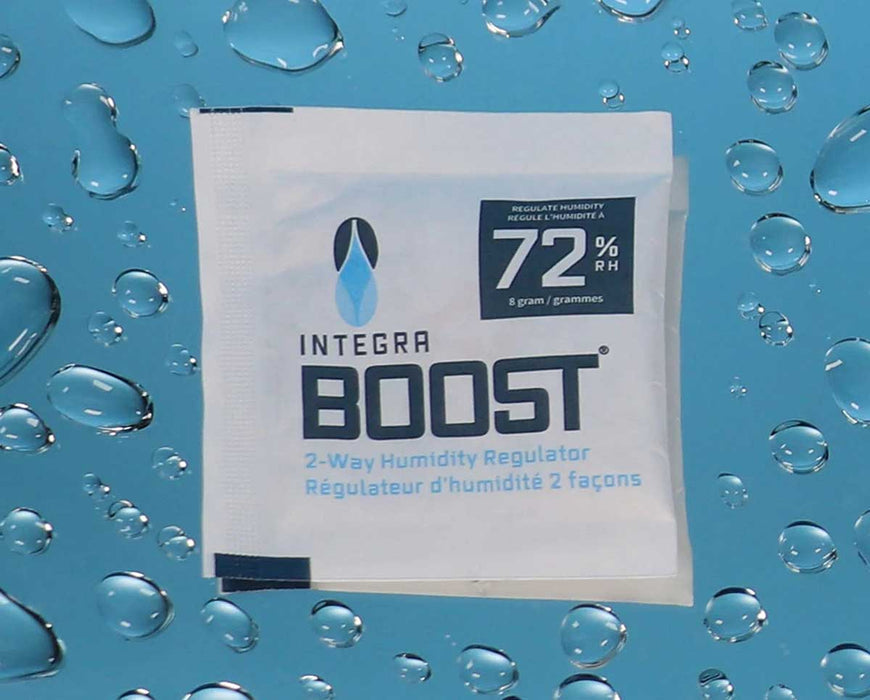 Integra BOOST 72% RH 8g humidity pack with water droplet background highlighting moisture control.