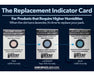 Replacement indicator card showing color chart for Integra BOOST high humidity pack replacement guidance.