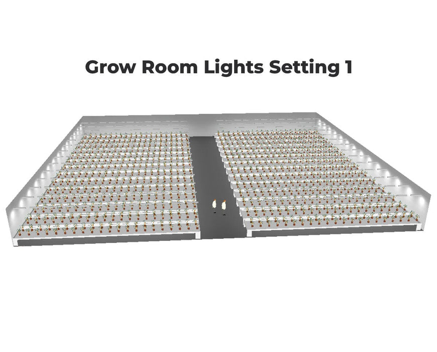 Alternate grow room layout with full rows of plants under Nova Sun LED lights and three figures inspecting setup.