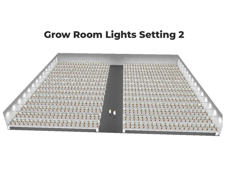 Render of large grow room with Nova Sun Series lights installed, showing plant rows and walkway down the center.