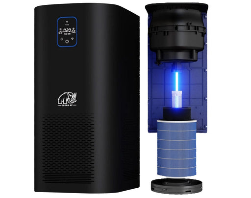 Front and internal view of Mammoth Clean Air 2nd Gen Air Sanitizer showing 6-stage filtration with HEPA, carbon, UVC, and PCO technology.