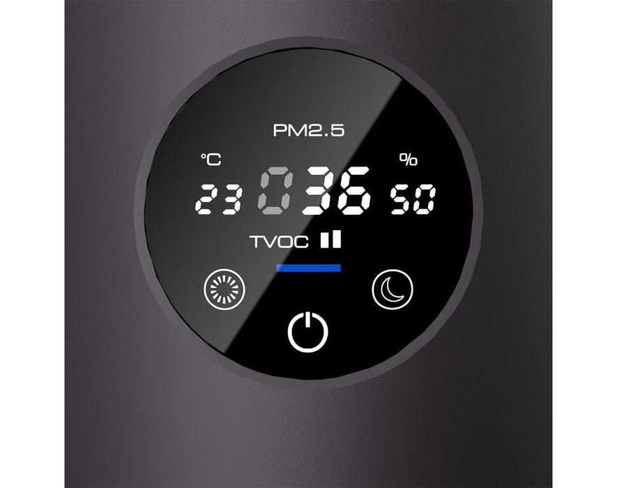 Digital display panel of Mammoth Air Sanitizer showing PM2.5, temperature, humidity, TVOC levels, and fan speed settings.