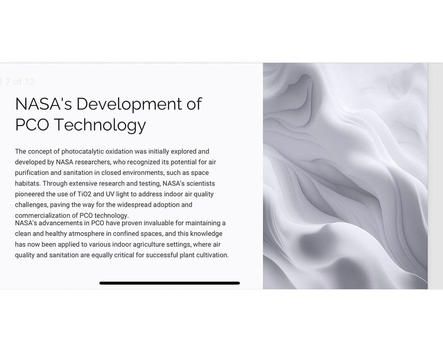 Overview of NASA’s role in developing PCO technology for air purification in confined environments, now used in indoor agriculture.