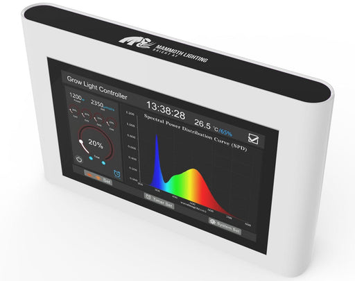 Mammoth Lighting touchscreen LED grow light controller displaying spectrum, power levels, and SPD curve in real-time.