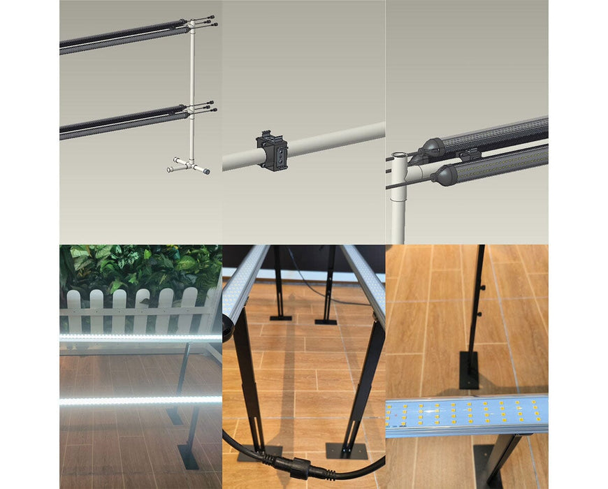 Diagram and setup images showing Mammoth Lighting Clone & Inter-Canopy Lights with modular bar and stand system.