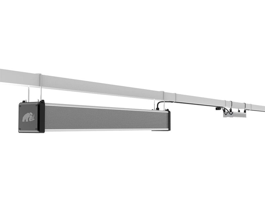Side view of Mammoth 720W Nova Sun LED bar light mounted on rail system with slim profile and passive cooling.