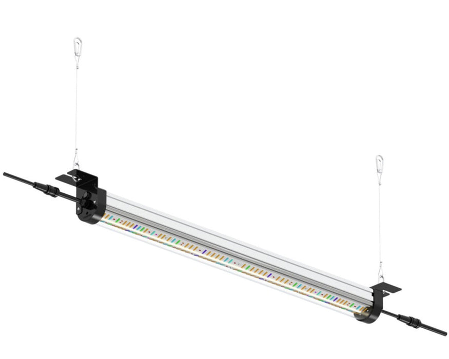 Angled view of hanging Nova Sun bar grow light showing integrated cables, spectrum blend, and end-to-end connectors.