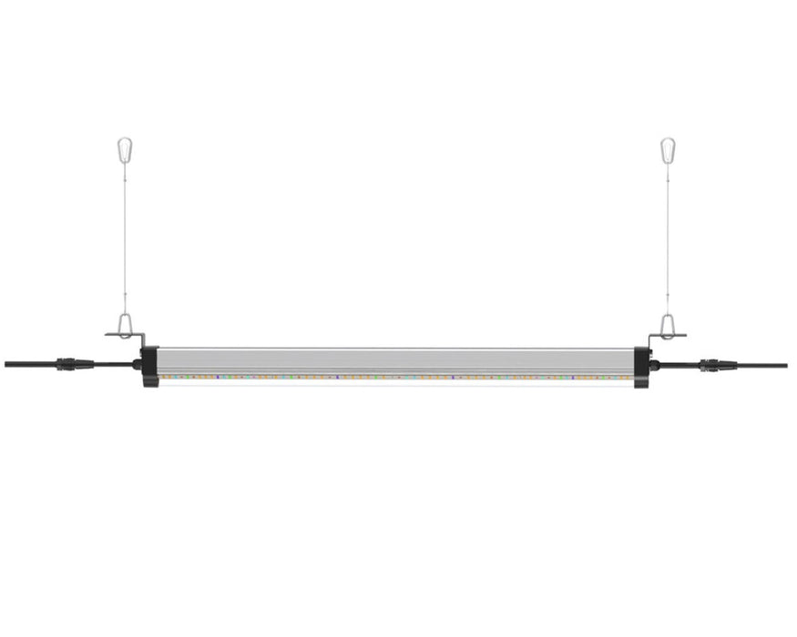 Isolated side view of Nova Sun bar light suspended by wire cables, showing full-length LED strip.