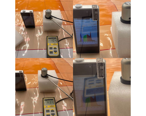 Side-by-side test setup with Mammoth M400 and Apogee meters showing light data from Nova Sun LED grow light canopy.