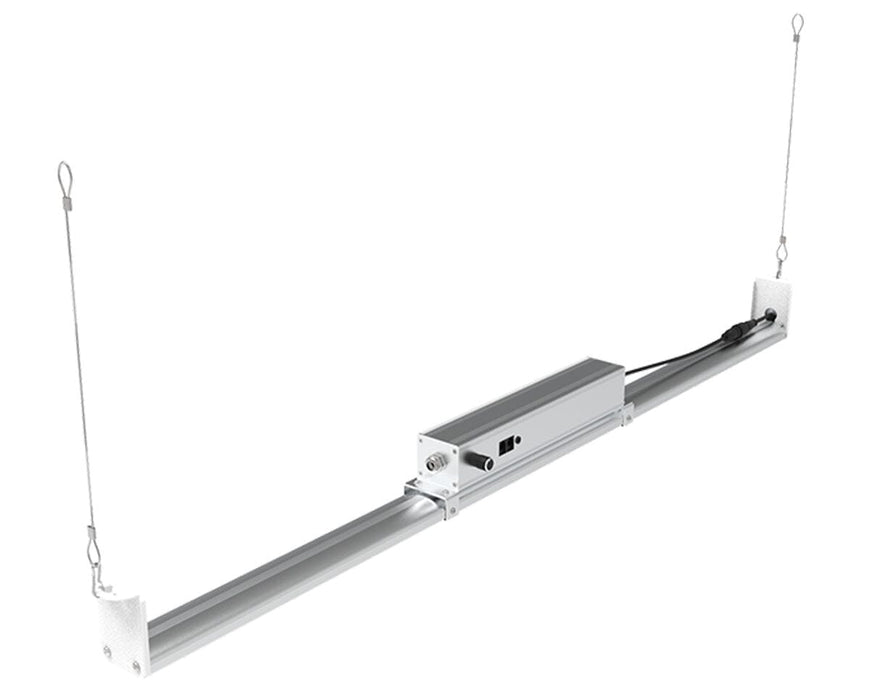 Nova Sun 100W LED grow light suspended from adjustable cables, ideal for clones and veg in vertical setups.