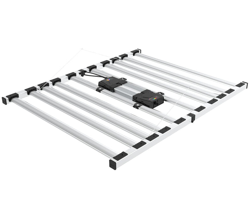 Nova Sun Series 10-bar LED grow light fixture shown from top angle with mounted drivers and full aluminum build.