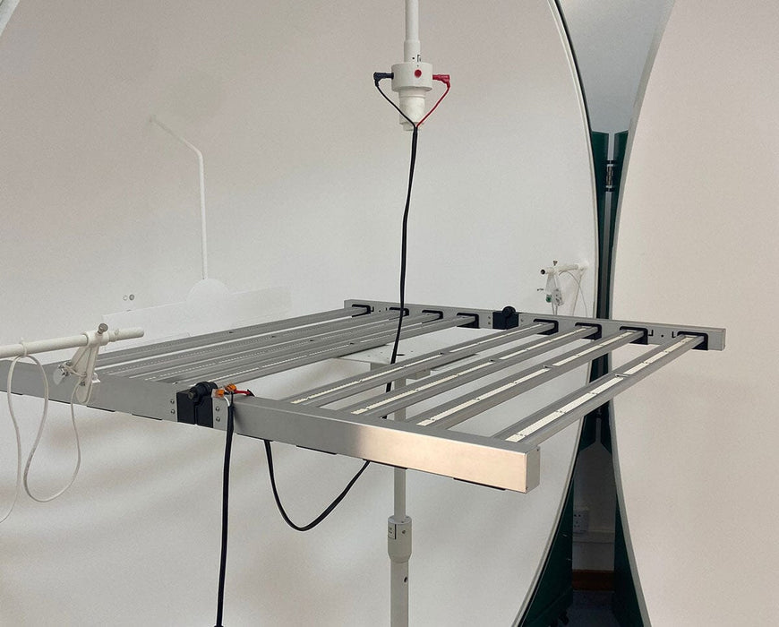Nova Sun Series LED grow light mounted in a photometric testing chamber for spectrum accuracy and light output verification.