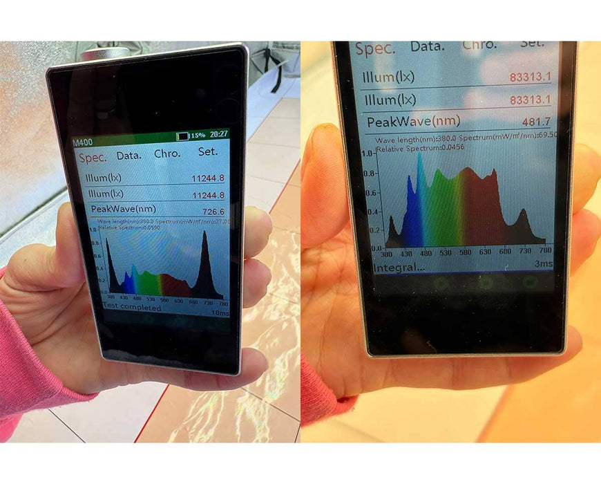 Close-up of handheld spectrometers displaying Nova Sun LED light readings including peak wavelengths and light intensity data.