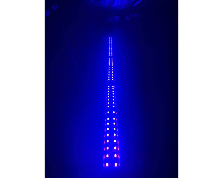 Close-up of a single Mammoth UV bar lit up in dark room, showcasing high-density UV diode layout.