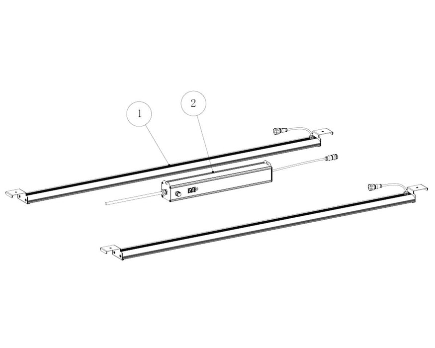 Technical diagram showing components of the Mammoth UV Upgrade Kit including two UV bars and central driver.