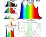 Nova Sun Veg + Mom Series spectrum chart comparing enhanced blue LED output with sunlight, CMH, MH and HPS.