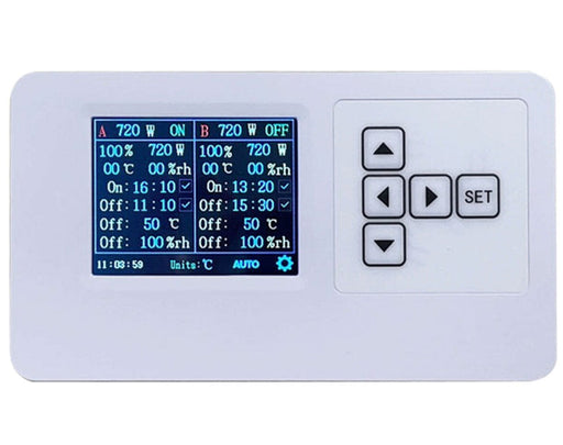 Medic Grow GLC-1 controller displaying dual-zone output and settings on full-color screen.