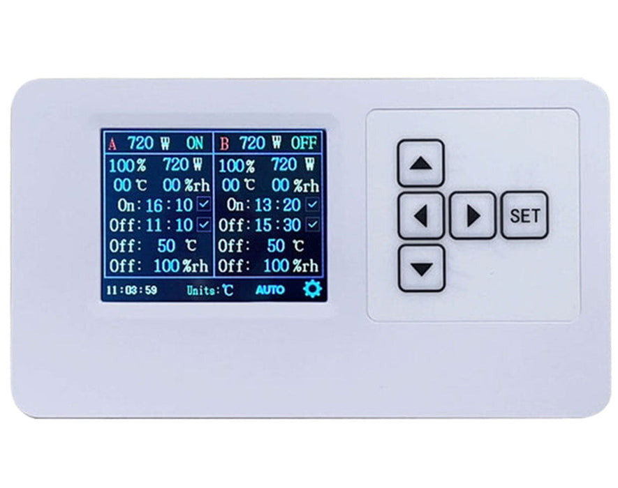 Medic Grow GLC-1 controller displaying dual-zone output and settings on full-color screen.