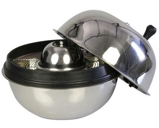 Bowl trimmer with the metal top partially lifted, revealing the internal blade system and stainless steel bowl underneath.