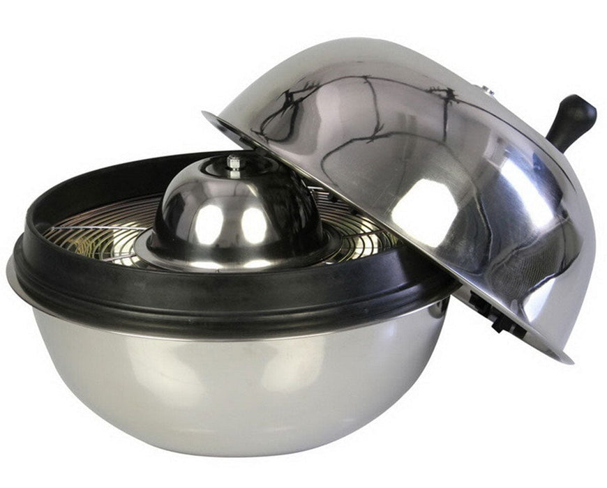 Bowl trimmer with the metal top partially lifted, revealing the internal blade system and stainless steel bowl underneath.