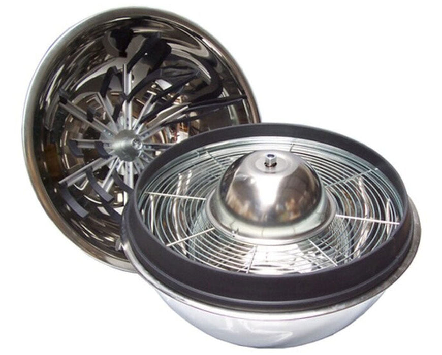 Fully opened stainless steel bowl trimmer showing both the lid-mounted spinning blades and the internal wire grate assembly.